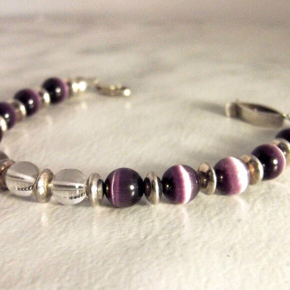 Sterling Silver Purple Cat’s Eye & Quartz Bead Bracelet 8 Inch - Picture 2 of 4